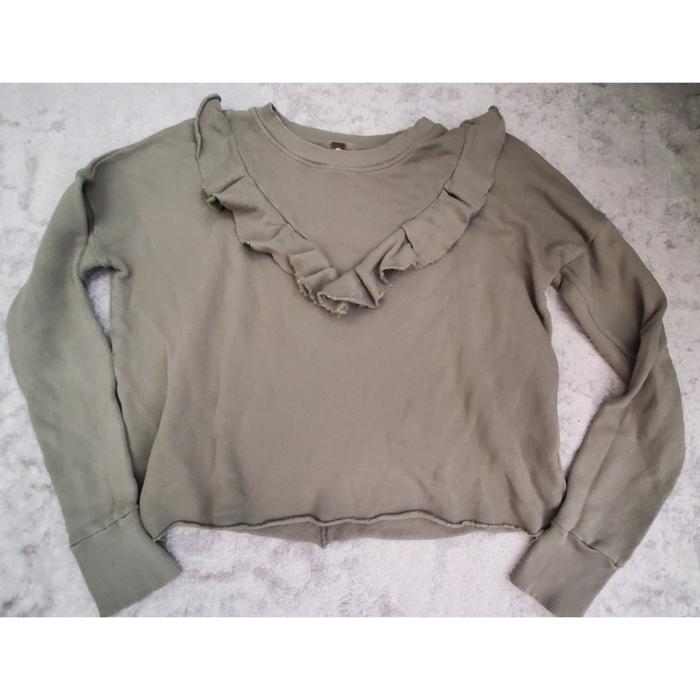 Free People Ruffle Front Sweatshirt Sage Green Raw Hem Pullover Small - Picture 2 of 6